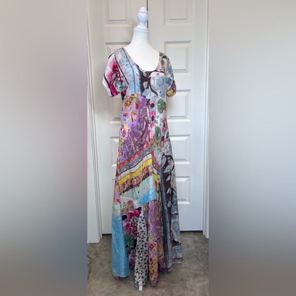 Johnny Was Silk Patchwork Georgette Maxi Dress Colorful Long Sz S